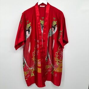 Oriental Kimono Size S M Satin Red Asian Cherry Blossom Geisha Silky No‎ Belt